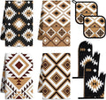 8 Pcs Western Aztec Kitchen Decor Accessories Set Farmhouse Towels Pot Holders Oven Mitts Set 4 Dish Towels 2 Potholders 2 Cooking Mittens Oven Glove for Home Baking Cooking Supply(Brown,Kitchen)