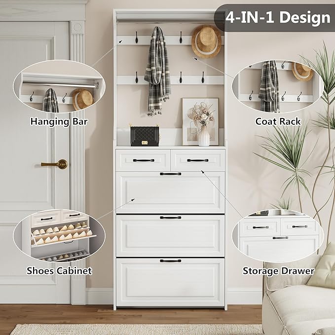 Betoko Hall Tree with Shoes Storage,Farmhouse Entryway Coat Rack Wooden Mudroom Hallway Tree Bench Corner Tree Cabinet with 8 Coat Hooks and 3 Shoes Cabinets and 2 Drawers(White)