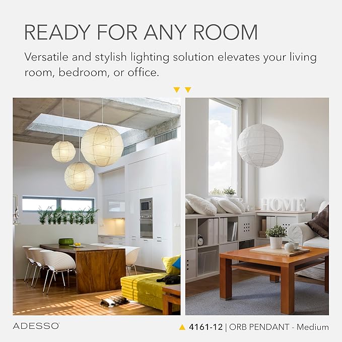 Adesso Orb Medium Pendant with Collapsible Rice Paper Shade – 15ft Cord, 19” Diameter – Stylish Ceiling Lighting