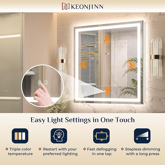 Keonjinn 48" x 36" Lighted Mirror for Bathroom Wall, LED Mirror with Frontlit & Backlit, Bathroom Mirror with Lights, Dimmable 3-Color Lights, HD Tempered Glass, UL-Listed LED Driver
