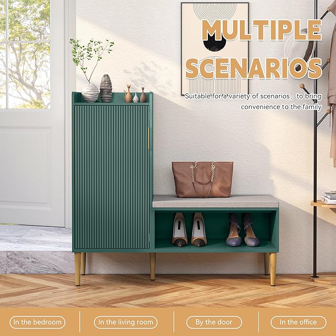 Storage Bench with Fluted Door&Shelf, Modern Entryway Bench with Padded Seat, L-Shaped Shoe Organizer Cabinet for Hallway, Living Room, Office, Green