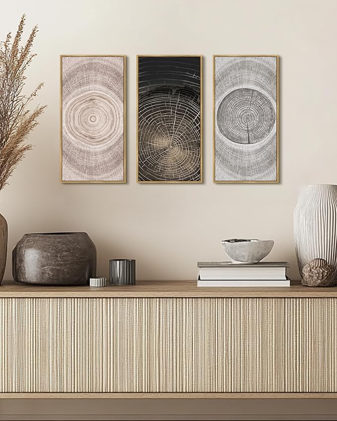 KUVIOKE Vintage Wood Tree Rings Wall Decor Farmhouse Rustic Artwork Living Room Bedroom Art Nature Artwork 8x16in3pcs Natural Framed