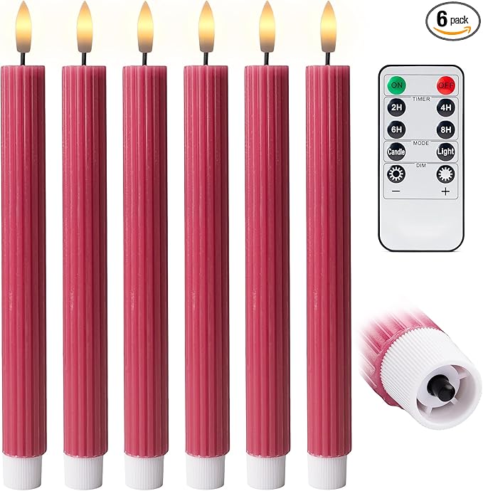 WYZworks 10" Fluted Ribbed LED Pink Grooved Pillar Candles, Remote & 24h Timer Memory, On/Off Switch - Flameless Dimmable Battery Operated w/Flicker Mode, Home Wedding Decor (6 Pack)