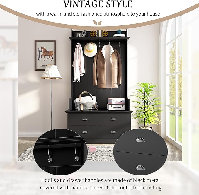 Retro 38.5" Wide Hallway Hall Tree with Coat Rack and 2 Large Drawers,Bench,5 Metal Hooks and Metal Handles,For Entrance Furniture Use Black#c