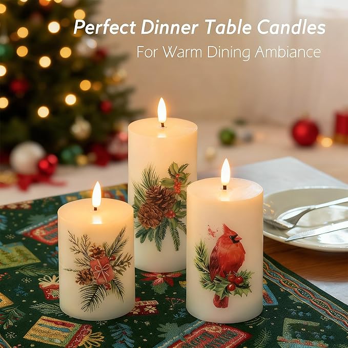 Flameless Pillar Candles with Remote, 3 Pack Battery Operated Real Wax LED Candles, Perfect for Home Decorations Fireplace Table, Christmas Sticker