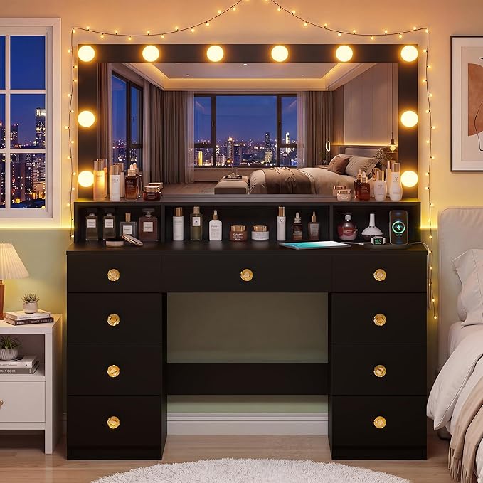 Vanity Desk with Large Lighted Mirror, Makeup Vanity with Power Outlet, 9 Drawers & Storage Shelf, Dressing Vanity Table with 3 Lighting Modes for Women, Girls, Bedroom