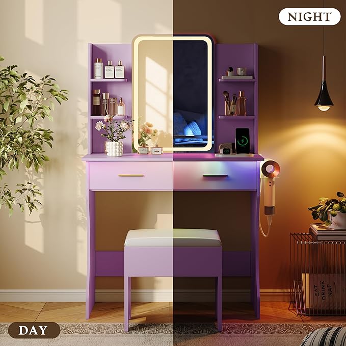 Makeup Vanity Desk with Mirror & Lights, Small Vanity Table Set for Girls with Chair & Power Outlet, Modern Dressing Table with 2 Drawers & 4 Storage Shelves, Adjustable RGB Lighting - Purple