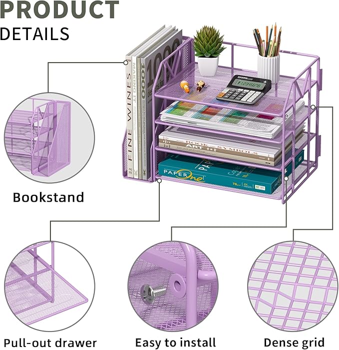 Purple Desk Organizers and Accessories with File Holder – Aesthetic Desk Accessories for Women – Decorative Office Set with Magazine Rack – Room Desk Accessories for Teen Girls Office Setup