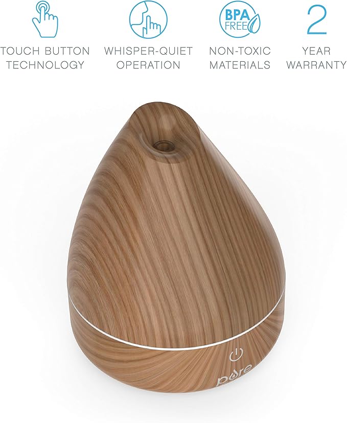 Pure Enrichment PureSpa Natural Aromatherapy Oil Diffuser (Natural) - Ultrasonic Air Deodorizer with 200ml Water Tank, Wood-Grain Accents, Soft Color-Changing Lights, and Auto Safety Shut-Off