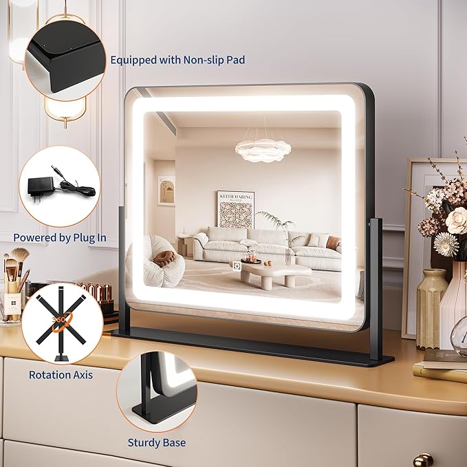 19.6 in x15.7 in Vanity Mirror with Lights, Large Lighted Mirror, LED Makeup Mirror with 3-Color Dimmable Modes and Smart Touch Control, Perfect for Desk or Bedroom, Vanity Desk Tabletop Makeup, White