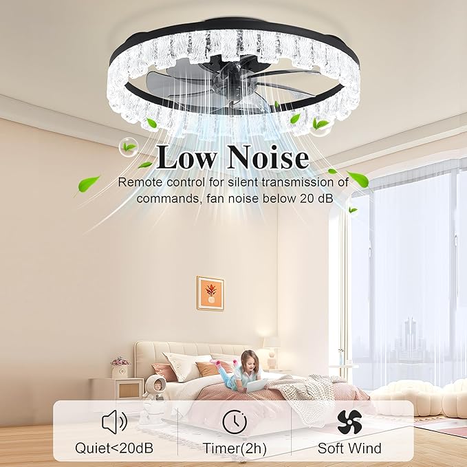 Ceiling Fans with Lights and Remote Fandelier - Black Crystal 20'' Flush Mount Low Profile Modern Ceiling Fans for Bedroom - Stepless Color Temperature and 6 Speeds