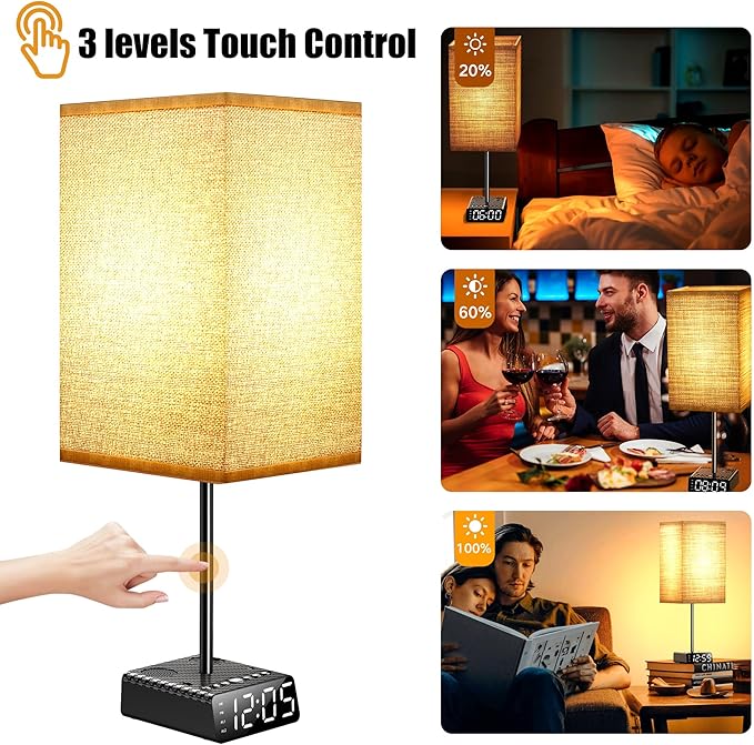 Touch Control Nightstand Light,Bedside Lamp with Alarm Clock&Charging Station - 2 Alarm Clock+ 2AC + 1USB-A + 1USB-C,Lamps with USB Ports and Outlets,3-Level Dimmable Touch Lamp