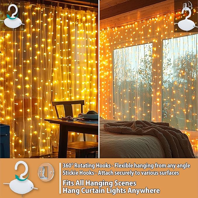 HXWEIYE 300LED Fairy Curtain Lights, 9.8x9.8Ft USB Plug-in 8 Modes Christmas String Hanging Lights with Remote for Bedroom Backdrop Wedding Indoor Wall Decor, Warm White, Standard – 1 Pack