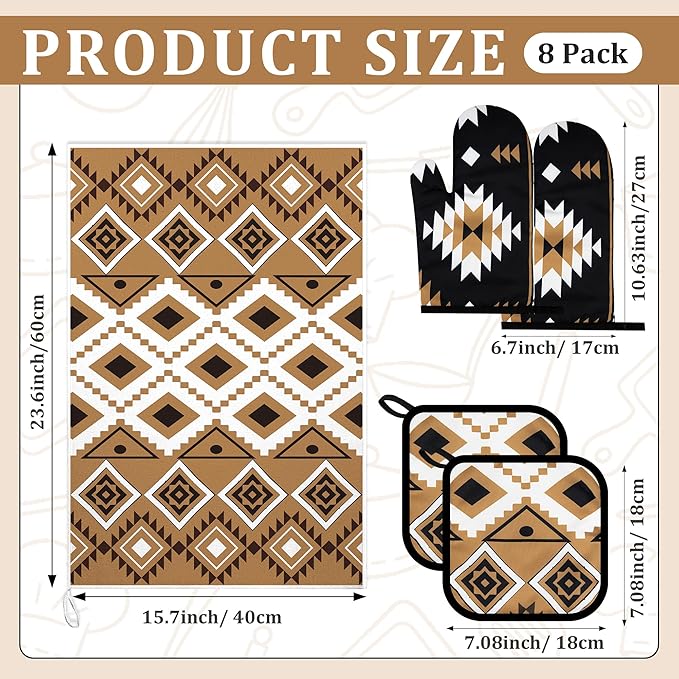 8 Pcs Western Aztec Kitchen Decor Accessories Set Farmhouse Towels Pot Holders Oven Mitts Set 4 Dish Towels 2 Potholders 2 Cooking Mittens Oven Glove for Home Baking Cooking Supply(Brown,Kitchen)