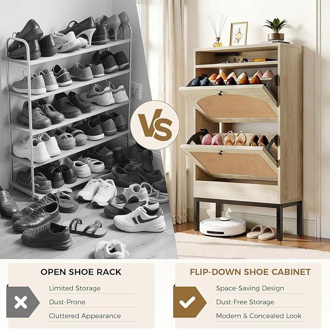 COMHOMA Shoe Cabinet with Charging Station, Flip Down Shoe Storage Organizer with Adjustable Shelves, Hidden Slim Shoe Rack with Anti-Tip Kit for Entryway or Hallway (Oak Rattan)