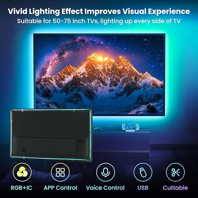 16.4ft LED Lights for 50-75 Inch TV, RGB+IC TV Lights Backlight Strip Behind, with 44 Scene Modes, Bluetooth APP and Voice Control, Music Sync Smart Ambient Lighting for Gaming, Bedroom, Living Room