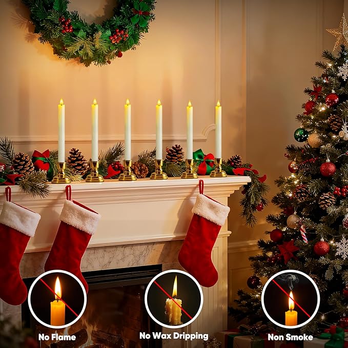 6 Pcs Window Candles with Remote and Timer, White Battery Operated Candlesticks with Gold Holders, LED Christmas Candle for Window Home Xmas Holiday Decor