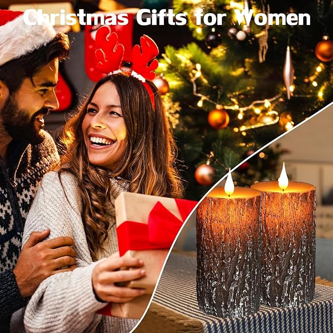 VEEKI Flameless Candles Lights, Set of 2 6"x3" Pine Bark Flickering LED Candles with Remote & Timer, Dimmable Pillar Candles Battery Operated, Real Wax Electric Candle for Christmas Winter Home Decor