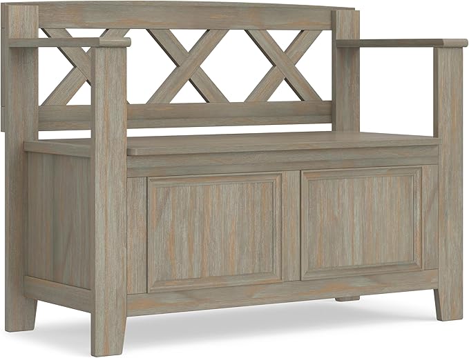 SIMPLIHOME Amherst Entryway Storage Bench - 36 inch Wide Solid Wood Hallway Bench in Distressed Grey, Transitional Bench for Entry or Mudroom with Lift-Up Lid, Storage Compartments and X-Back Detail