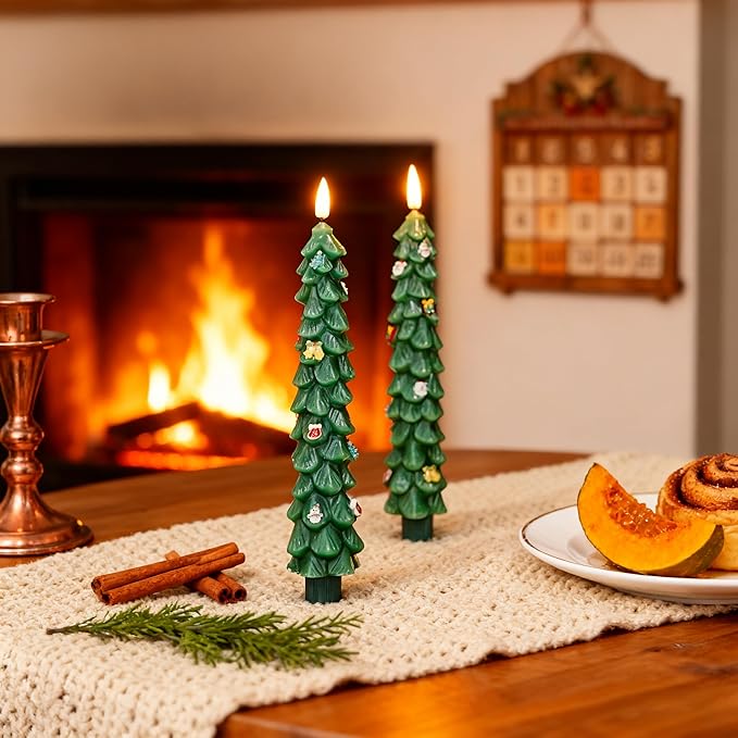 3 PCS Christmas Tree Taper Candles with Remote & Timer, Flameless Christmas Tree Wax Battery Operated Green Tree LED Candle for Christmas Home Decor(3pcs,9.5inch)