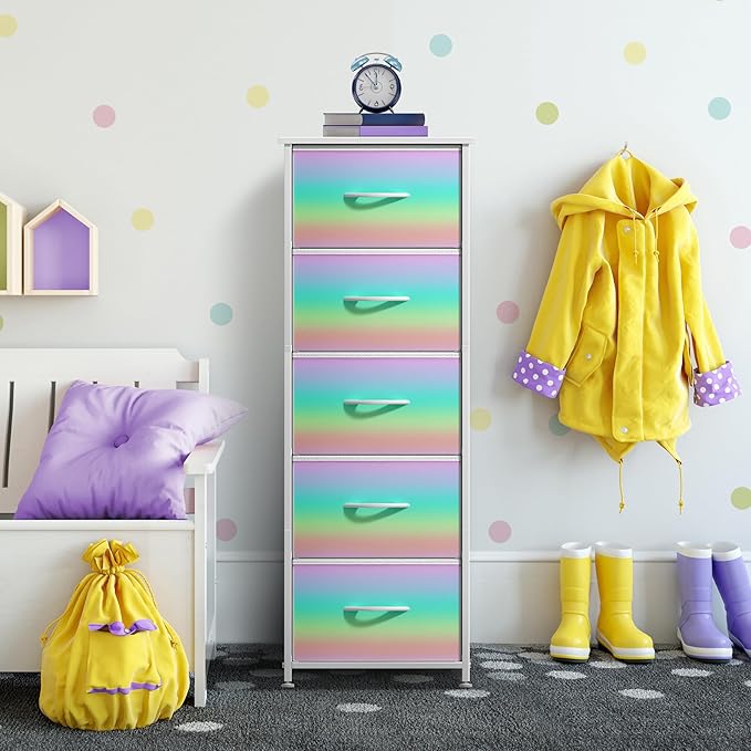 Sorbus Kids Dresser with 5 Drawers - Storage Chest Organizer Nightstand - Steel Frame, Wood Top, Tie-Dye Fabric Bins for Clothes - Wide Furniture for Bedroom, Hallway, Nursery, Closet, & Apartment