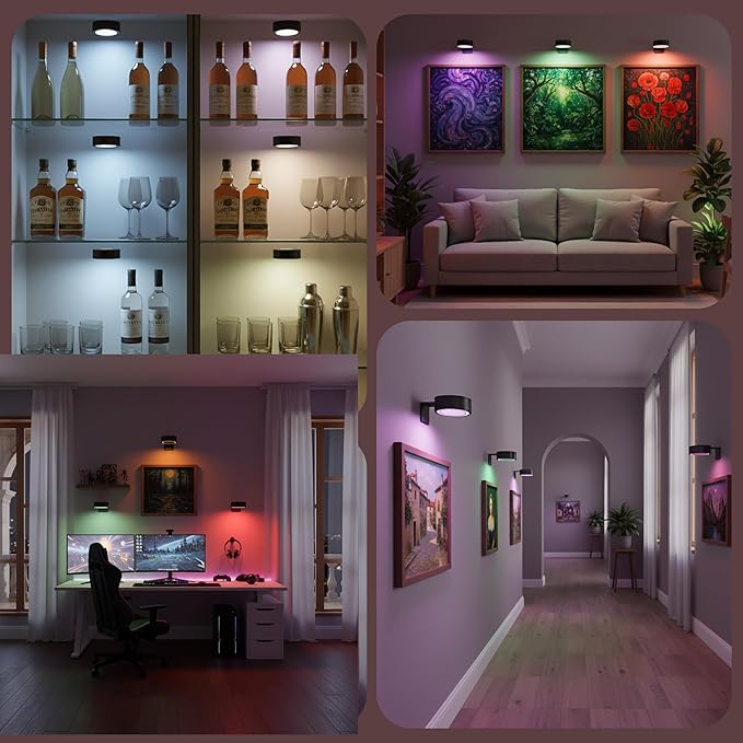 3Pack Picture Lights for Wall, RGB Color Changing Led Art Display Light with Rechargeable Battery Operated, Magnetic Painting Light with Remote Control, Wireless Home Wall Decorative Lighting, Black