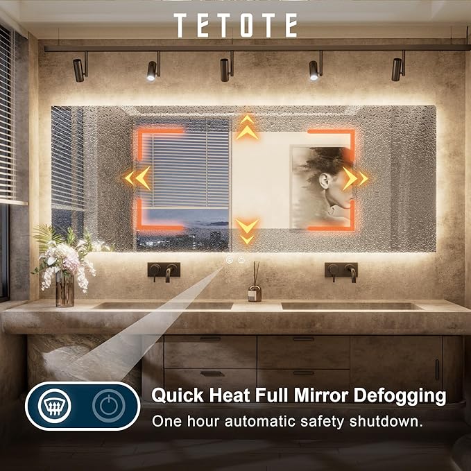 TETOTE 24 x 36 Inch LED Backlit Bathroom Mirror with Lights, 3Color White/Warm/Natural, Anti-Fog Lighted Mirror,Dimmable,Vanity Mirror,Wall Mounted