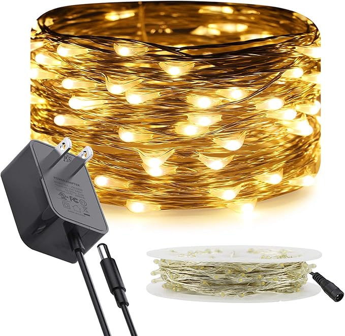 RUICHEN Silver Wire Fairy Lights Plug in 33 Ft 100 LED String with Spool, Warm White