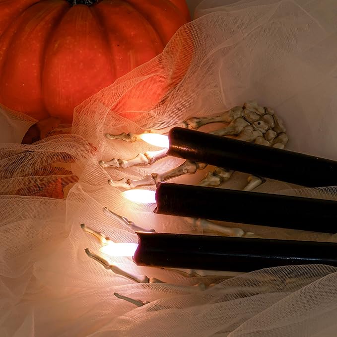 SHENSY Halloween Flameless Taper Candles –6Pack Orange and Black Real Wax LED Candlesticks with 3D Flickering Flame, Battery Operated with Remote & Timer – Spooky Window and Table Decor