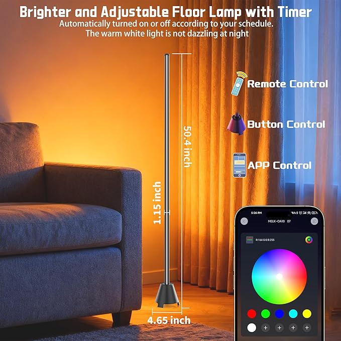 Led Corner Floor Lamp with Speaker, USB Powered Led Lamp App & Remote Control, Color Changing Music Sync IC+RGB, Timer, Music Mode Standing Lamps for Living Room Lamp Bedroom Gaming, 1 Pack
