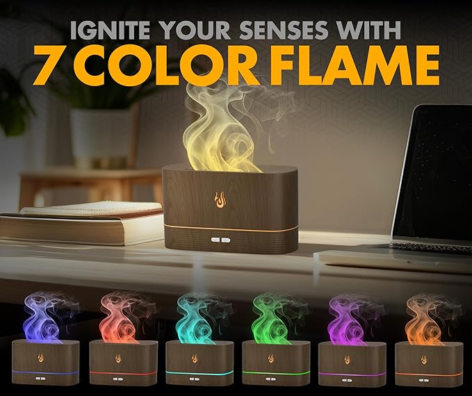 Colorful Aroma Essential Oils Diffuser for Home, Quiet Cool Mist Flame Humidifier for Bedroom with Remote, Fire Flame Diffuser Humidifier with Scent (Dark Wood)