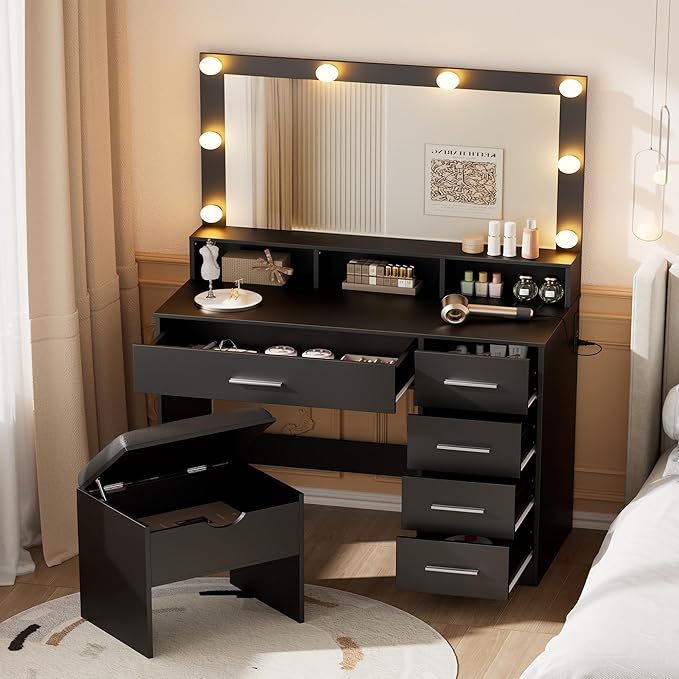 Vanity Desk with Mirror and Lights, 35.43" Large Mirror Makeup Table with Stool, 5 Drawers Dressing Table for Girls and Ladies Bedroom, Black