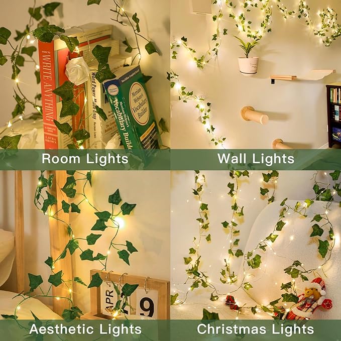 suddus Vine with Fairy Lights Battery Operated, 13.1ft 40 LED Ivy String Light with Remote, Leaf Lights for Bedroom, Room, Wall, Garden, Party, Wedding Dorm Decor (Warm White)