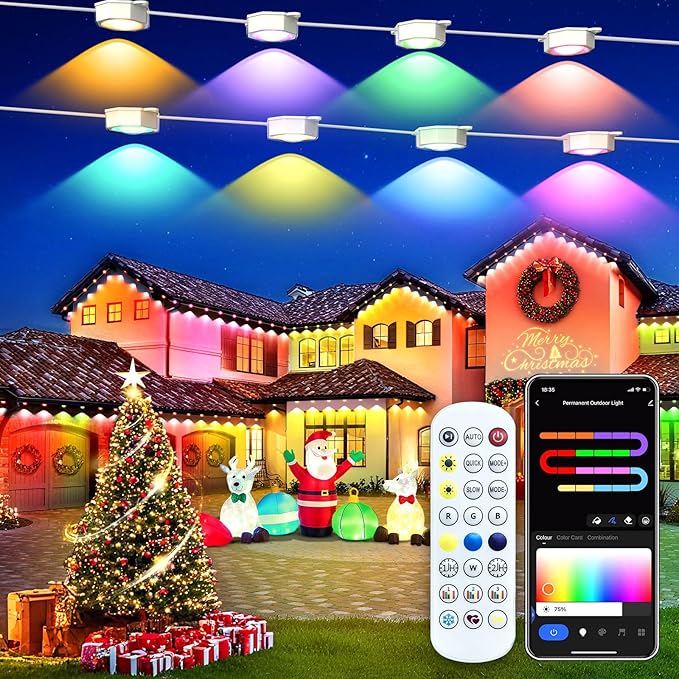 Smart Permanent Outdoor Lights for House, 50ft with 30 RGB+IC Eaves Lights Outdoor, P67 Waterproof with DIY Scene for Halloween Christmas Decor, , Remote Control, Work with Alexa, Google Assistant