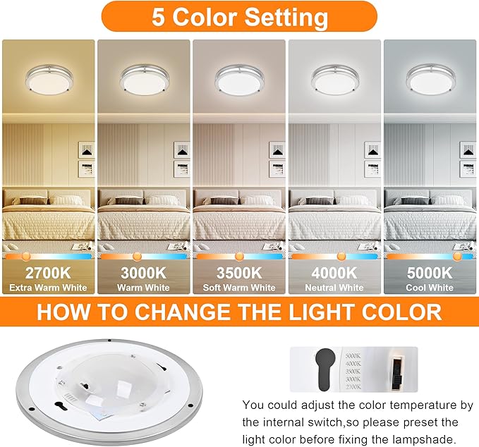 12 Inch Round Brushed Nickel Ceiling Light Fixture - Flush Mount LED Kitchen Ceiling Lamp 2700K/3000K/3500K/4000K/5000K Adjustable Brushed Nickel Bathroom LED Light for Bedroom