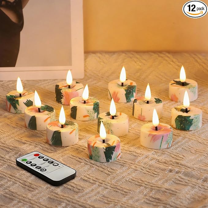 Eywamage Flameless Tealights with Remote Batteries, Realistic Flickering LED Tea Votive Candles Set of 12