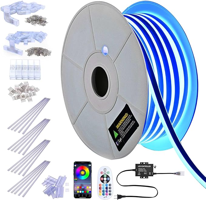 DELight AC 110-120V Waterproof IP65 RGB 100ft Neon Rope Lights with U Channel Pin Connectors Remote Control & APP Dimmable Cuttable Flexible LED Strip Lights Outdoor DIY Project DEL-D1MP100R