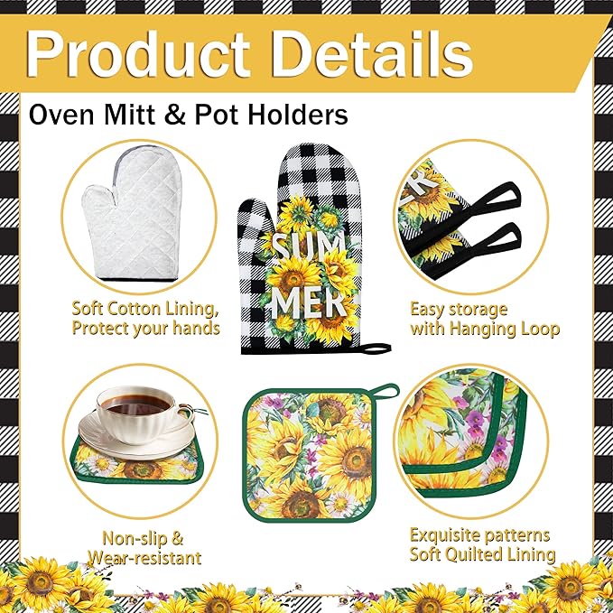 8 Pcs Sunflower Plaid Kitchen Towels and Dishcloths Sets - Pot Holders and Oven Mitts Set Kitchen Accessories 4 Dish Towels 2 Absorbent Square Potholders for Cooking Baking Farmhome Gifts