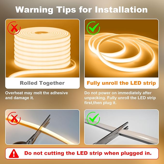 IP67 Waterproof COB LED Strip Lights AC 110V-120V Direct Plug, 100FT Super Bright Outdoor Strip Lights with Double Fuse Controller, 2700K Warm White LED Strips for Garden Patio Commercial Decor