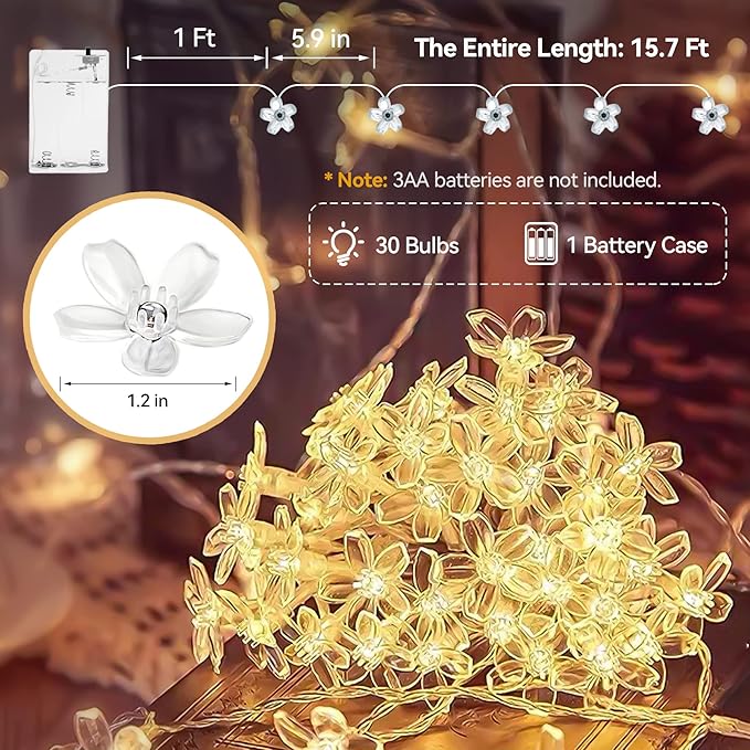 ITICdecor Flower String Lights 15 FT 30 LED Fairy Christmas Lights Battery Operated Indoor&Outdoor Twinkle Lighting Bedroom Decor for Party Wedding Xmas Tree (Warm White)