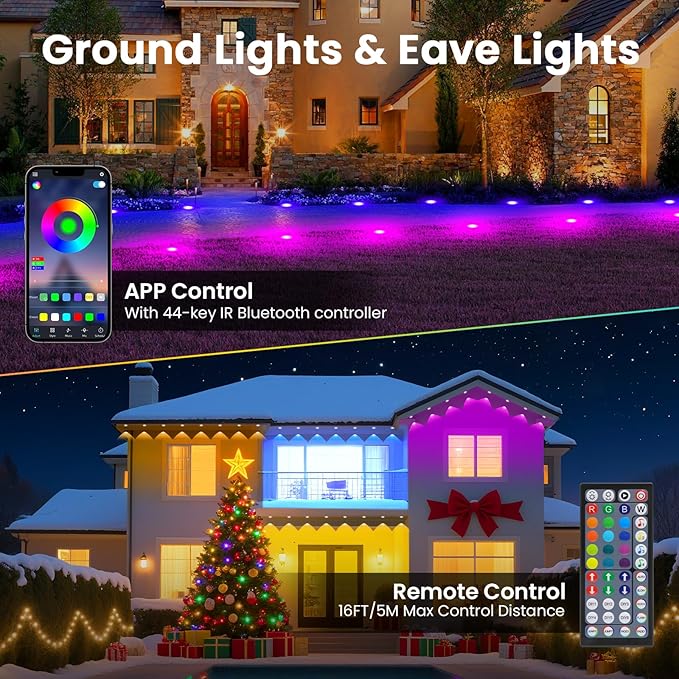 Outdoor Ground Lights 100FT, RGB Permanent Outdoor Lights with Bluetooth & APP Control, Color Changing, Waterproof IP67, Timer for Yard Eaves Landscape Pathway