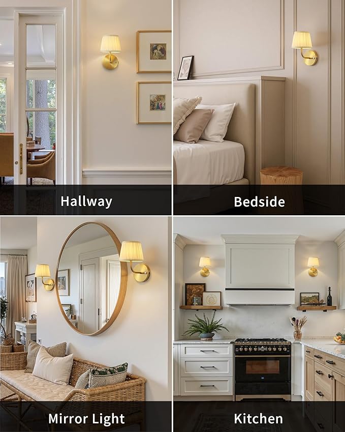 PUSU LED Cordless Gold H9.6 inch Small Wall Sconces Set of 2, Rechargeable 5200mAh Battery Operated Fabric Wall Lamp with Remote, Lighting for Living Room, Bedroom, Hallway, Bathroom, Stairs, Kitchen