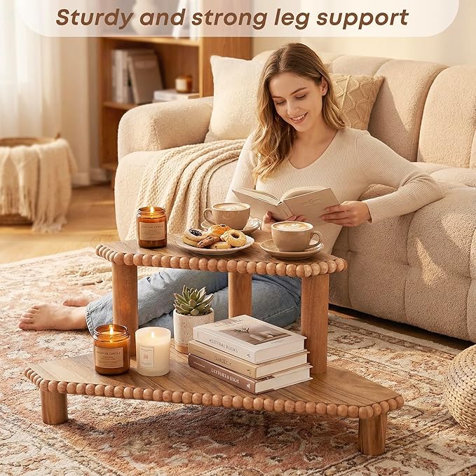 2-Tier Rustic Corner Shelf for Kitchen Counter,Wood Beaded Farmhouse Countertop Organizer with Removable Feet, Stackable Bathroom Vanity & Coffee Bar Decorative Riser Stand(Rustic Brown)
