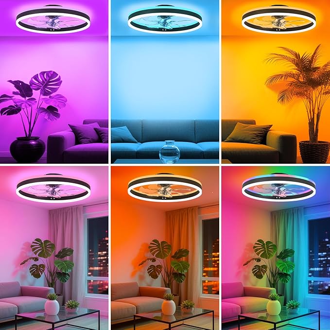 STERREN RGB Ceiling Fans with Lights, 15.7'' Modern Low Profile Ceiling Fan, Dimmable Flush Mount Ceiling Fan with Remote/APP Control, Small Fandelier for Bedroom, Living Room, Kitchen