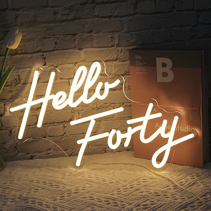 LED Neon Sign for 40th Birthday Decor, 16.5x9.4 Inch Dimmable USB Wall Art with Acrylic Backboard - Warm White Glow for Bedroom, Office, Salon (Hello Forty)