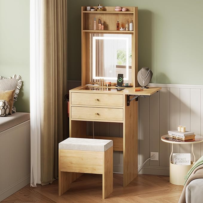 WLIVE Small Vanity Desk with Mirror and Lights, Dressing Table with 2 Drawers, Fold-up Panel and Chair, Makeup Vanity Set with Charging Station for Small Space, Bedroom, Natural Oak