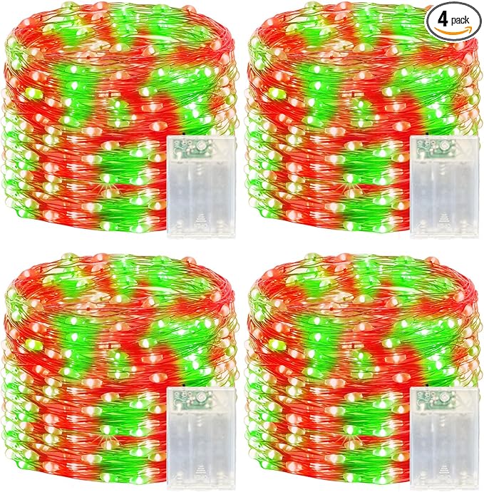 4 Pack 240LED Christmas Fairy Lights Battery Operated - 20FT Twinkle Lights with 2 Lighting Modes Indoor Outdoor, Waterproof Led Fairy Lights for Bedroom, Classroom, Dorm, DIY Decor, Red & Green