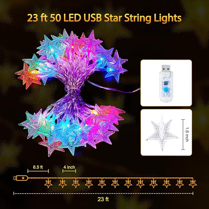 Minetom Color Changing Star String Lights - 23 ft 50 LED Ramadan Decorations Star Fairy Lights with Remote and Timer, 16 Colors and 7 Modes, USB Powered String Lights for Bedroom Party Indoor Decor