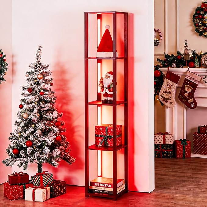 RGBCW Floor Lamp with Shelves, Smart Modern Floor Lamp with Music Sync, Color Changing Corner Display Shelf Lamp, Dimmable Square Standing Lamp for Living Room and Bedroom, Office