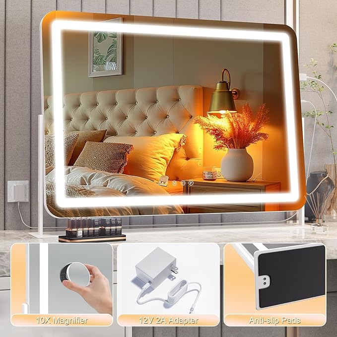Hasipu Extra Large LED Vanity Mirror 30"x21" - Light up Makeup Mirror with 10X Magnification, Phone Holder, USB Charging & Smart Touch 3-Color Lighting (White)